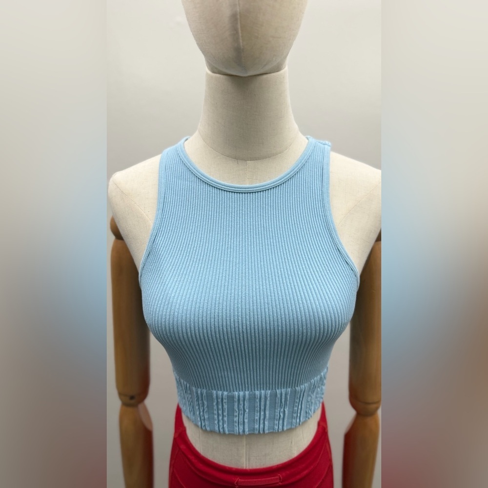 ZARA Blue Ribbed Crop Tank Top Rayon Polyester Spandex XS - Picture 2 of 9